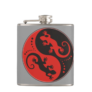 YIN & YANG Gekko's zwart rood + jouw achtergrondid Heupfles