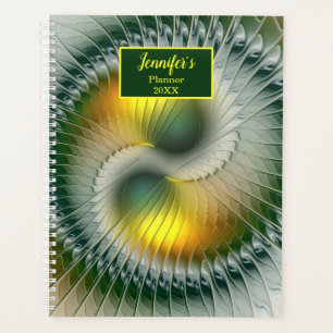 Yin Yang Green Yellow Abstract Fractal Own Name Planner