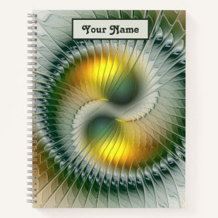 Yin Yang Groen Geel Abstract Fractal Eigen Naam Notitieboek