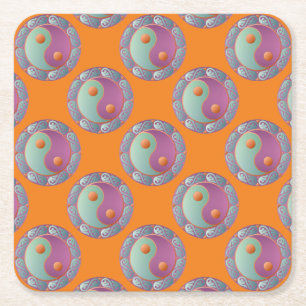 Yin Yang Medallion Violet Turquoise Vierkante Kartonnen Onderzetter