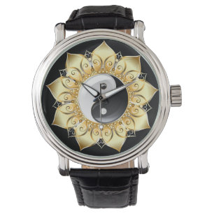 Yin Yang met gouden lotusbladen Horloge