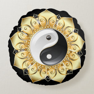 Yin Yang met gouden lotusbladen Rond Kussen