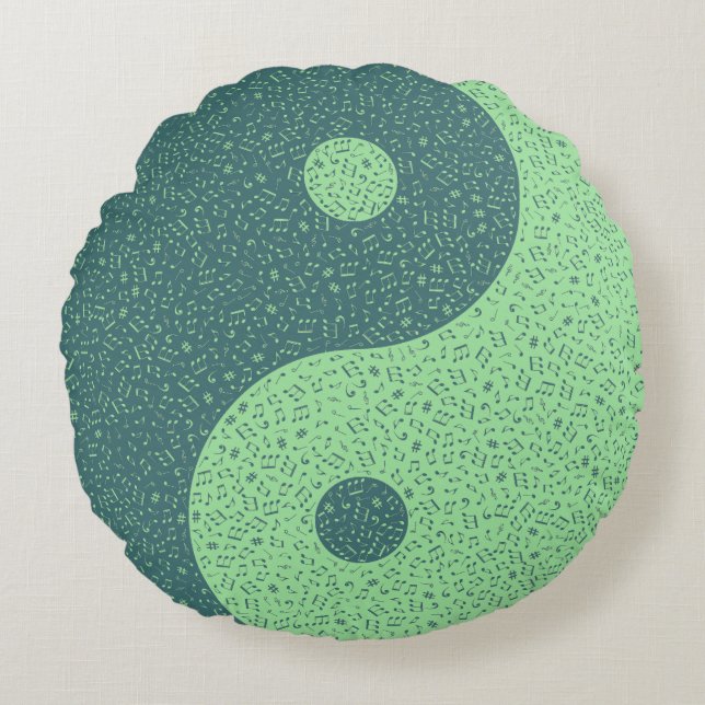 Yin Yang Muzieknoten Rond Kussen (Voorkant)