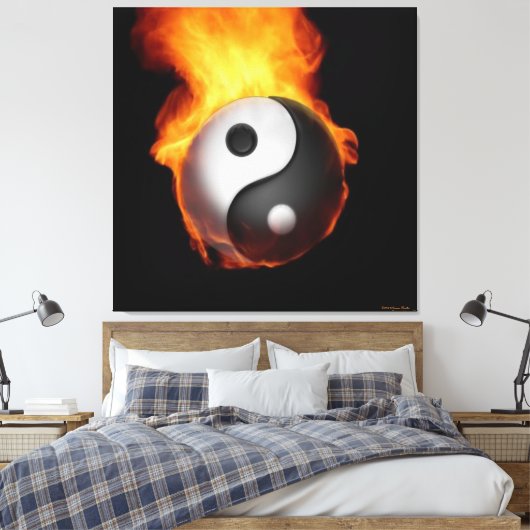 Yin Yang on Fire Stretted Canvas Print (Insitu (Slaapkamer))