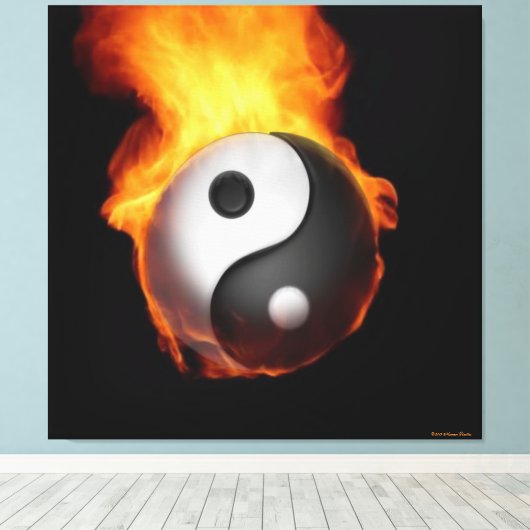 Yin Yang on Fire Stretted Canvas Print (Insitu (Houten vloer))