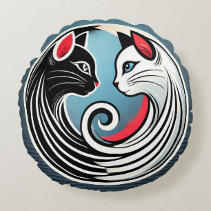 Yin Yang-ontwerp met zwarte en witte katten Rond Kussen