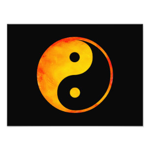 Yin Yang Oranje en gele Waterverf op zwart Foto Afdruk