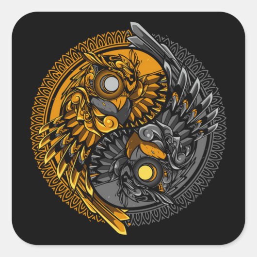 yin yang owl ornament illustratie vierkante sticker (Voorkant)