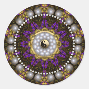 Yin Yang Pearl Paarse Gouden Geometrie Mandala Ronde Sticker