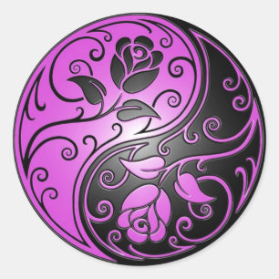 Yin Yang Rozen, paarse en zwarte Ronde Sticker