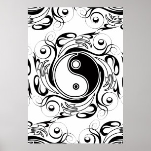 Yin & Yang-symbool Zwart en Wit Tattoo Stijl Poster