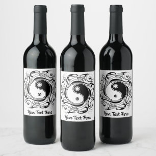 Yin & Yang Symbool Zwart en Wit Tattoo Stijl Wijn Etiket
