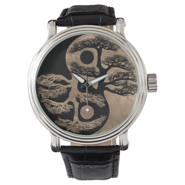 Yin Yang Tree Black en Gold Horloge (Voorkant)