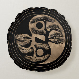 Yin Yang Tree Black en Gold Rond Kussen