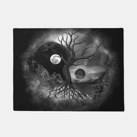Yin Yang Tree Landscape Black and White Deurmat (Voorkant)