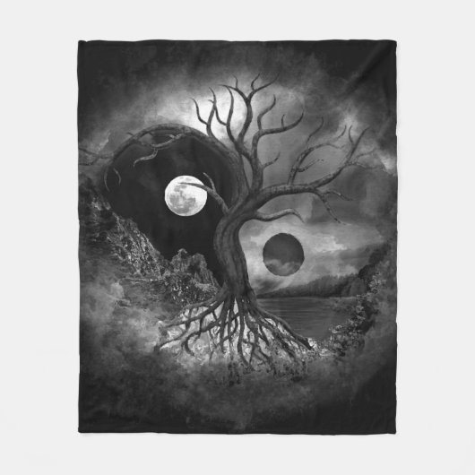 Yin Yang Tree Landscape Black and White Fleece Deken (Voorkant)