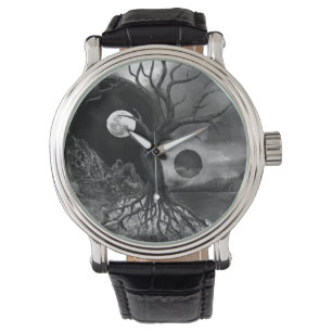 Yin Yang Tree Landscape Black and White Horloge