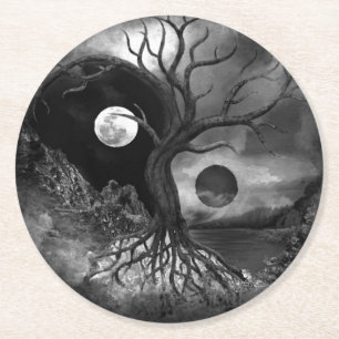Yin Yang Tree Landscape Black and White Ronde Kartonnen Onderzetter