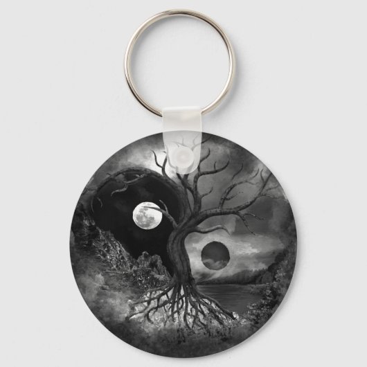 Yin Yang Tree Landscape Black and White Sleutelhanger (Voorkant)