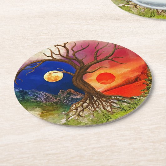 Yin Yang Tree Landschap Ronde Kartonnen Onderzetter (Gebogen)
