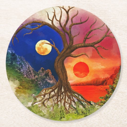 Yin Yang Tree Landschap Ronde Kartonnen Onderzetter (Voorkant)