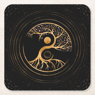 Yin Yang Tree of life - Fluoriet en Gold Vierkante Kartonnen Onderzetter
