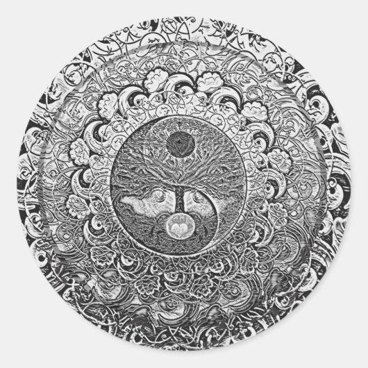 Yin Yang Tree of Life in Silver en Chrome Ronde Sticker (Voorkant)
