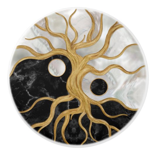 Yin Yang Tree of life - Marbles and Gold Keramische Knop (Voorkant)