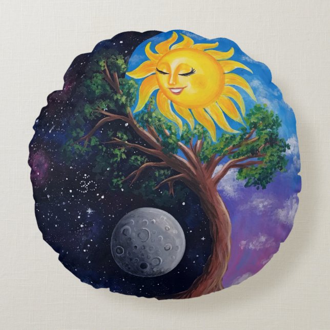 Yin Yang Tree of Life Pillow Rond Kussen (Voorkant)