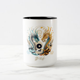 Ying yang draak hoofden 2024 tweekleurige koffiemok