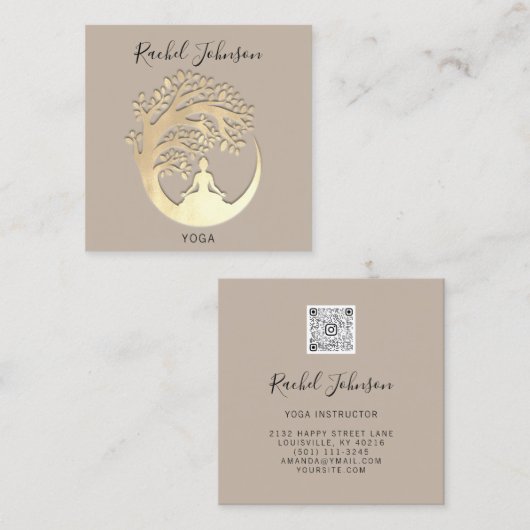 Yoga Classes School Instructor Beige Gold Vierkante Visitekaartje (Voorkant / Achterkant)