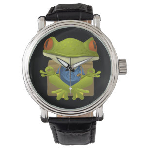 Yoga Frog Bekijk  lederen riem zwart Horloge
