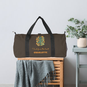 Yoga houding retro draaikolken naam slogan taupe b plunjezak