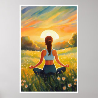 Yoga in het veld bij zonsondergang poster