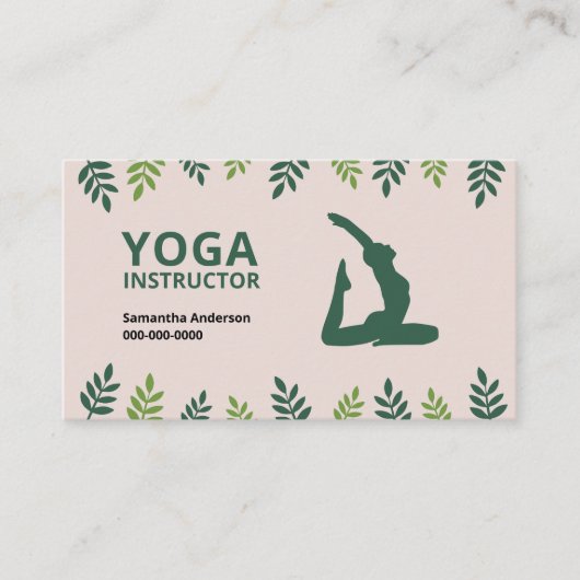 Yoga instructeur met groene bladeren visitekaartje (Voorkant)