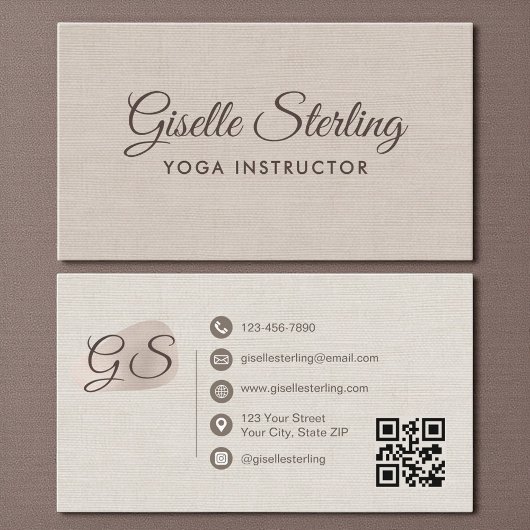 Yoga Instructor Beige Linen Elegant QR Code Visitekaartje