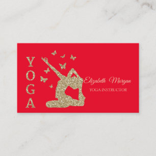 Yoga Instructor, Red, Gold Glitter Women Silhouett Visitekaartje