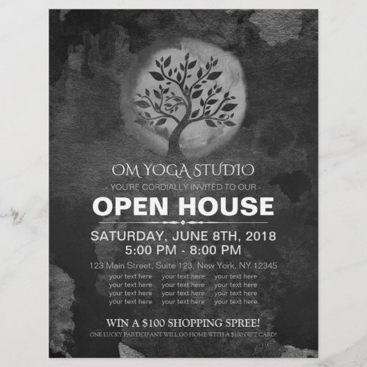 Yoga Meditation Instructor BW Tree Logo Open House Flyer (Voorkant)