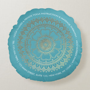 Yoga Meditation Instructor Green Blue Gold Mandala Rond Kussen