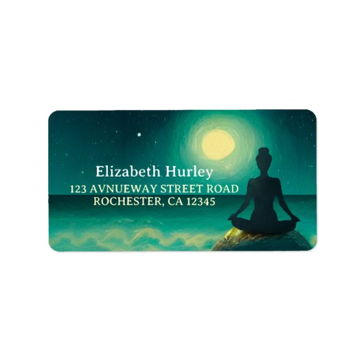 Yoga Meditation Pose on Rock Full Moon Stars Night Etiket (Voorkant)