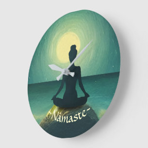 Yoga Meditation Pose on Rock Full Moon Stars Night Grote Klok