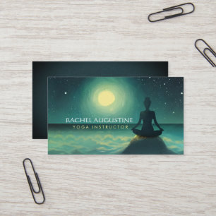 Yoga Meditation Pose on Rock Full Moon Stars Night Visitekaartje