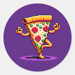 Yoga Pizza: 8-bit slice in Pose Humoristische Pixe Ronde Sticker