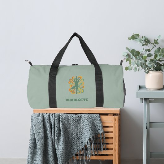 Yoga pose swirls green orange name retro plunjezak