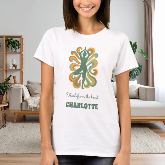 Yoga pose swirls retro green orange name slogan t-shirt