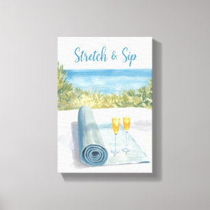 Yoga Stretch en Slurp met oceaan achtergrond Canvas Afdruk