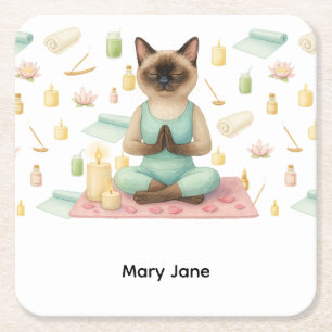 Yoga Verjaardagsfeest voor Siamese Kattenliefhebbe Vierkante Kartonnen Onderzetter