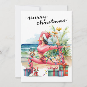 Yoga Vrouw met Cadeau op het strand Kerstmis thema Feestdagenkaart
