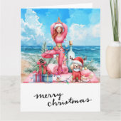 Yoga Vrouw met Cadeau op het strand Kerstmis thema Kaart (Voorkant)