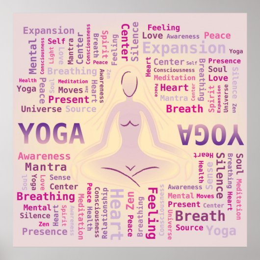 Yoga Word Cloud Pink en Gele Kleuren Poster (Voorkant)